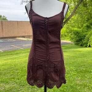 Y2K 00s Vtg Lace Crochet trendy Whimsical Romantic Feminine Roxy tunic top Sz L